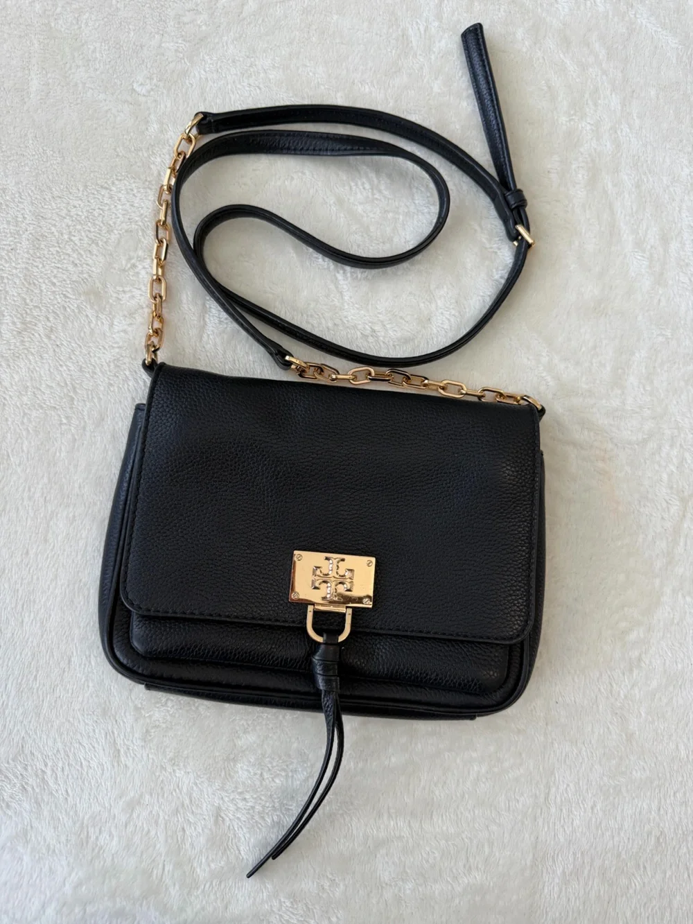 Tory Burch Black Pebbled Leather Shoulder Bag with Gold Chain Accent